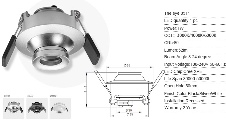 1w mini LED įleidžiamos šviesos specifikacijos